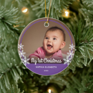 Snowflakes Baby's eerste kerstfoto Paars Keramisch Ornament