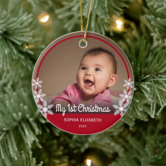 Snowflakes Baby's eerste kerstfoto Rood Keramisch Ornament (Boom)