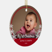 Snowflakes Baby's eerste kerstfoto Rood Keramisch Ornament (Rechts)