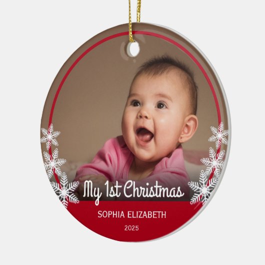 Snowflakes Baby's eerste kerstfoto Rood Keramisch Ornament (Links)
