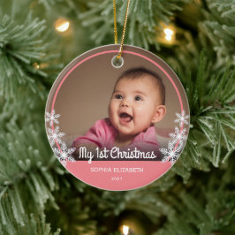 Snowflakes Baby's eerste kerstfoto Roze Keramisch Ornament