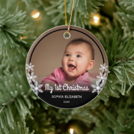 Snowflakes Baby's eerste kerstfoto Zwart Keramisch Ornament
