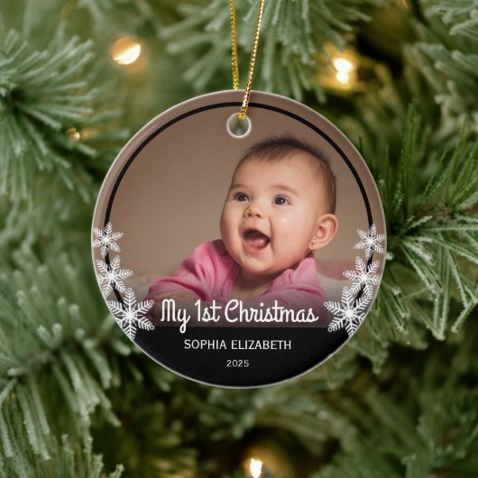 Snowflakes Baby's eerste kerstfoto Zwart Keramisch Ornament (Boom)