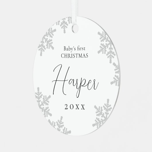 Snowflakes Baby's First Kerstscript Name Metalen Ornament (Voorkant links)