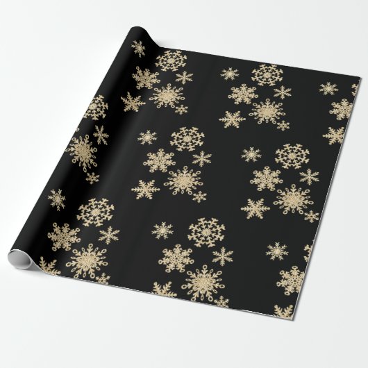 Snowflakes Black Gold Snowflake Winter Xmas Cadeaupapier (Uitgerold)