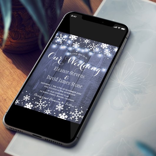 Snowflakes blauw hout winterse rustige bruiloft kaart