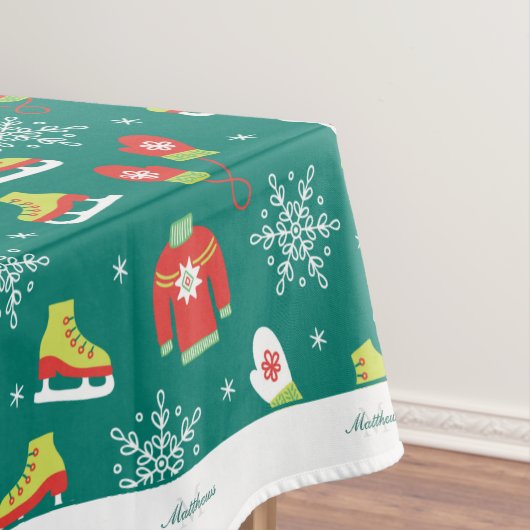 Snowflakes Blauwgroen kerstfeestdagen monogram Tafelkleed (Voorbeeld)