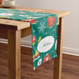 Snowflakes Blauwgroen Monogram Pattern Kerstfeest Lange Tafelloper