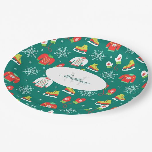 Snowflakes Blauwgroen Monogram Pattern Kerstfeest Papieren Bordje (Gekanteld)