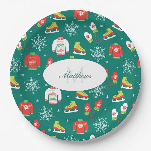 Snowflakes Blauwgroen Monogram Pattern Kerstfeest Papieren Bordje (Voorkant)