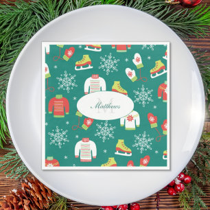 Snowflakes Blauwgroen Monogram Pattern Kerstfeest Servet