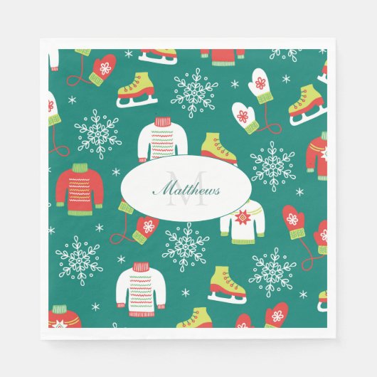 Snowflakes Blauwgroen Monogram Pattern Kerstfeest Servet (Voorkant)