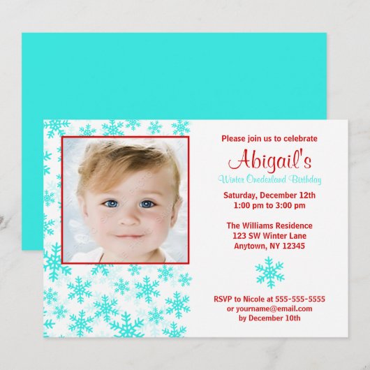 Snowflakes Blauwgroen Red Winter Onederland Birthd Kaart (Voorkant / Achterkant)