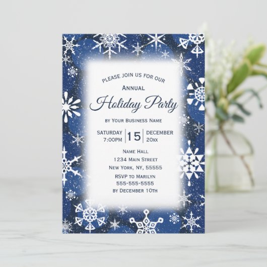 Snowflakes Blue Business Corporate Holiday Party Kaart (Staand voorkant)