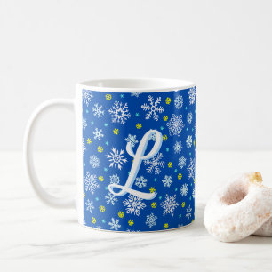 Snowflakes Blue Navy Blue Elegant Script Monogram Koffiemok