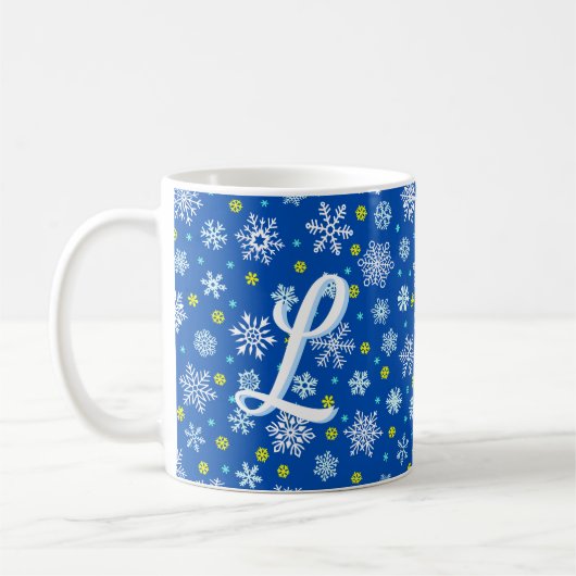Snowflakes Blue Navy Blue Elegant Script Monogram Koffiemok (Links)