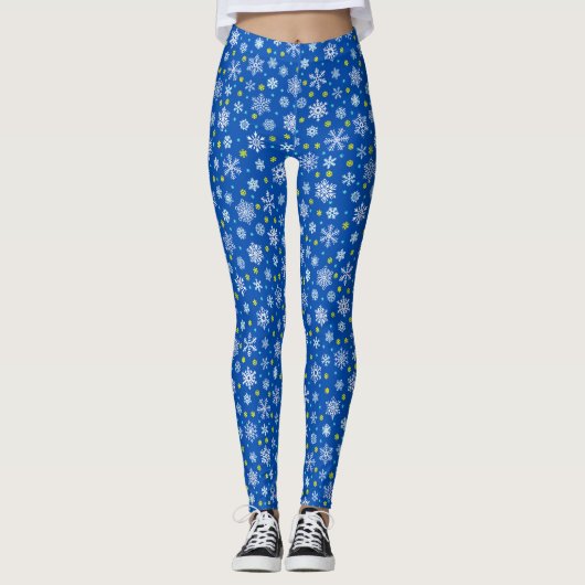 Snowflakes Blue Navy Blue Royal Blue Elegant Chic Leggings (Voorkant)