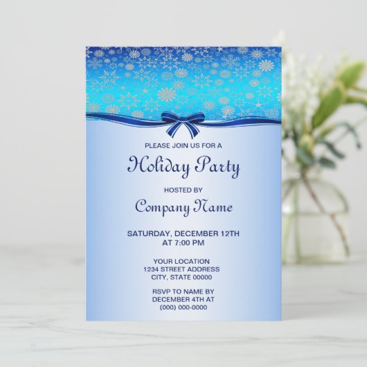 Snowflakes Blue Ribbon Holiday Uitnodiging (Staand voorkant)