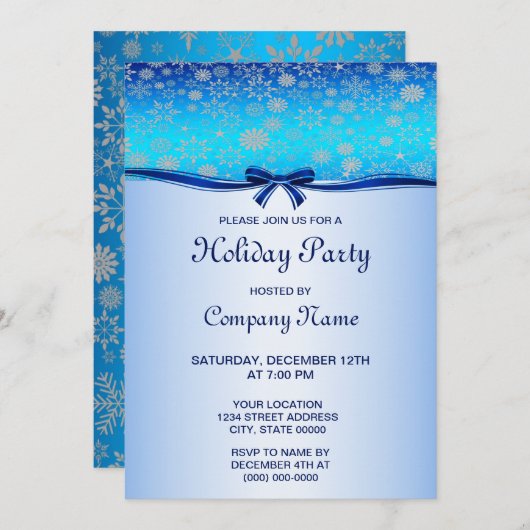Snowflakes Blue Ribbon Holiday Uitnodiging (Voorkant / Achterkant)