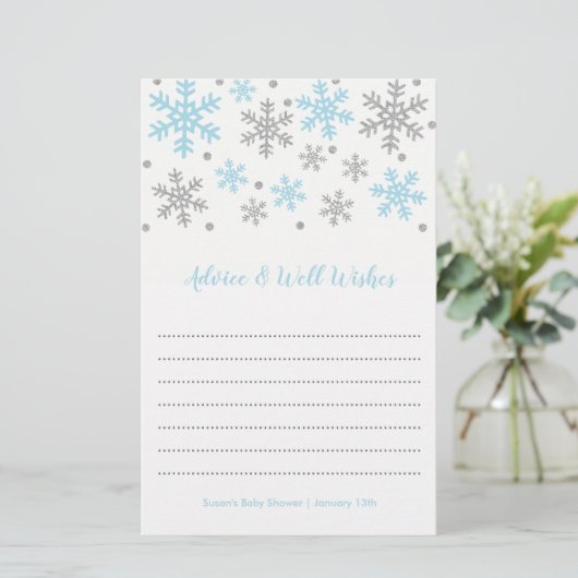 Snowflakes Blue & Silver Winter Baby shower Adviez (Staand voorkant)