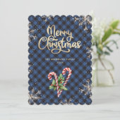 Snowflakes Candy Cane Blue Plaid Christmas Card Feestdagenkaart (Staand voorkant)