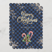 Snowflakes Candy Cane Blue Plaid Christmas Card Feestdagenkaart (Voorkant / Achterkant)