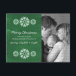 Snowflakes Chalkboard Foto Briefkaart, groen Feestdagenkaart<br><div class="desc">Moderne en trendy Snowflakes Chalkboard Foto-Briefkaart met een groen krijtborduiterlijk en elegante sneeuwvlokken in wit. Dit chemische briefkaart is perfect voor het sturen van vakantiebezoeken. Pas uw eigen familiefoto en de persoonlijke groet van uw keus aan. Klik op "Aanpassen" om meer aanpassingsopties te vinden.</div>