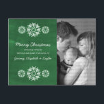 Snowflakes Chalkboard Foto Briefkaart, groen Feestdagenkaart<br><div class="desc">Moderne en trendy Snowflakes Chalkboard Foto-Briefkaart met een groen krijtborduiterlijk en elegante sneeuwvlokken in wit. Dit chemische briefkaart is perfect voor het sturen van vakantiebezoeken. Pas uw eigen familiefoto en de persoonlijke groet van uw keus aan. Klik op "Aanpassen" om meer aanpassingsopties te vinden.</div>