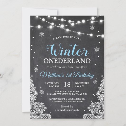Snowflakes Chalkboard Lace Baby First Birthday Kaart (Voorkant)