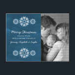Snowflakes Chalkboard Photo Briefkaart Blue<br><div class="desc">Moderne en trendy Snowflakes Chalkboard Foto-Briefkaart met een koninklijk blauw bord ziet er achtergrondkleur uit en elegante sneeuwvlokken in het wit. Dit chemische briefkaart is perfect voor het sturen van vakantiebezoeken. Pas uw eigen familiefoto en de persoonlijke groet van uw keus aan. Klik op "Aanpassen" om meer aanpassingsopties te vinden....</div>