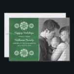 Snowflakes Chalkboard Photo Flat Card, groen Feestdagenkaart<br><div class="desc">Moderne en trendy Snowflakes Chalkboard Photo Flat Card met een groene chalkboard look background en elegante sneeuwvlokken in wit. Deze creditcard is perfect voor het verzenden van vakantiebezoekers. Pas uw eigen familiefoto en de persoonlijke groet van uw keus aan. Klik op "Aanpassen" om meer aanpassingsopties te vinden.</div>