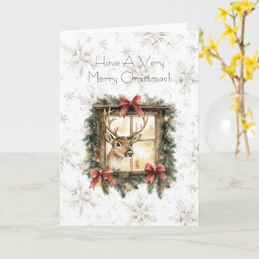 Snowflakes Christmas Deer in Window Red Bows Kaart (Gele Bloem)