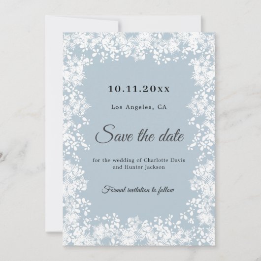 Snowflakes dusty blue winter wedding save the date (Voorkant)