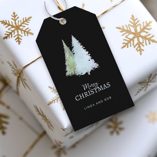 Snowflakes Elegant Black Pine Tree Christmas Cadeaulabel