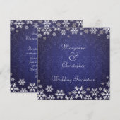 Snowflakes en Blue Damask Wedding Kaart (Voorkant / Achterkant)
