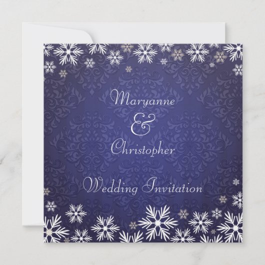 Snowflakes en Blue Damask Wedding Kaart (Voorkant)