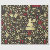 Snowflakes en sars met rode en gouden kerstbomen cadeaupapier (Vlak)
