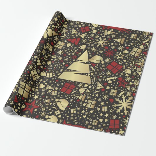 Snowflakes en sars met rode en gouden kerstbomen cadeaupapier (Uitgerold)