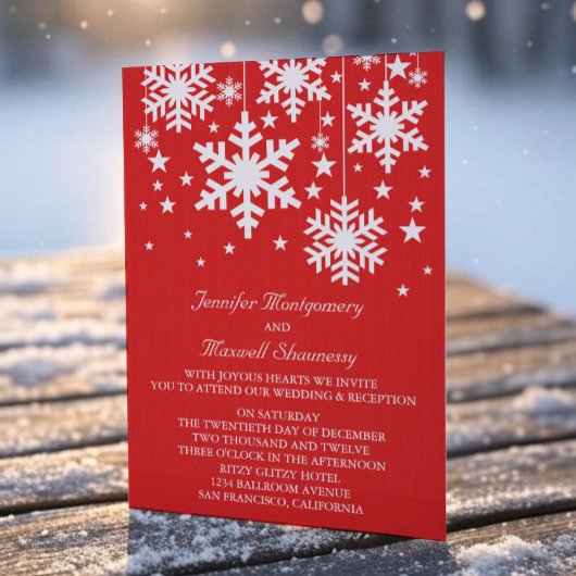 Snowflakes en Stars Wedding Invite, Red Kaart
