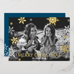 Snowflakes Falling Full Photo Blue Kerstmis Gold Folie Feestdagenkaart