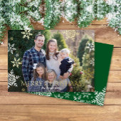 Snowflakes Falling Full Photo Green Kerstmis Gold Folie Feestdagenkaart