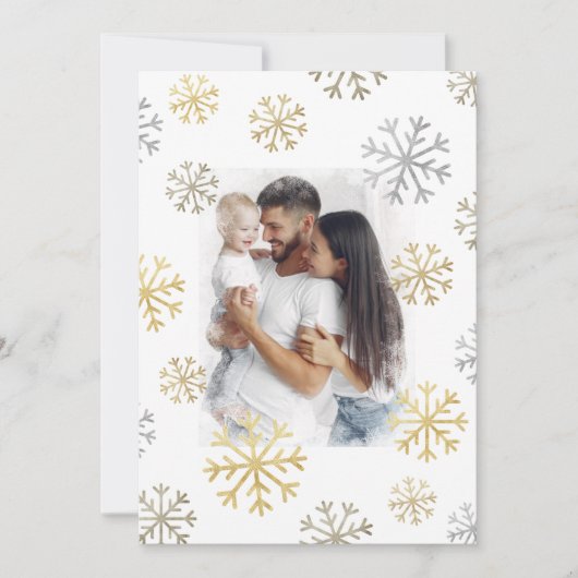 Snowflakes Foto Gold Silver-script Kerstmis Feestdagenkaart (Voorkant)