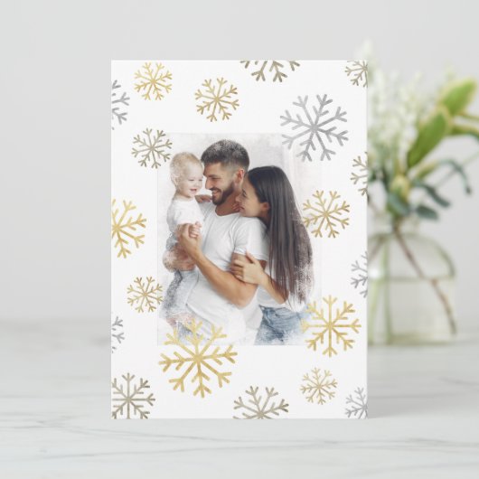 Snowflakes Foto Gold Silver Snow Holiday Script Feestdagenkaart (Staand voorkant)