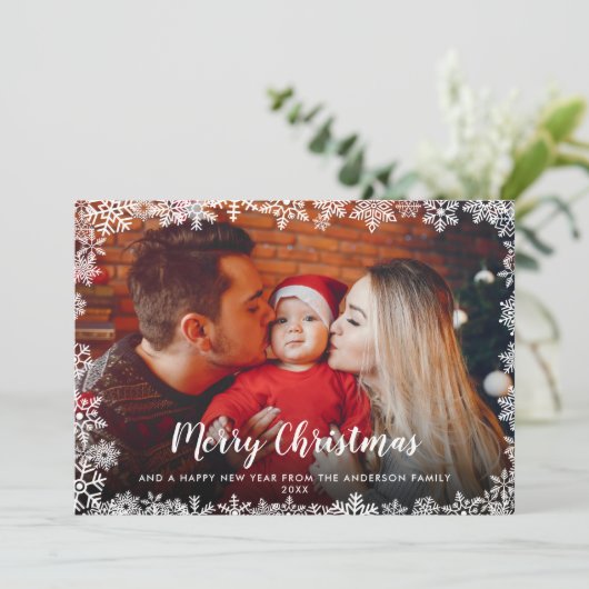 Snowflakes foto van Merry-kerstscript Feestdagenkaart (Staand voorkant)