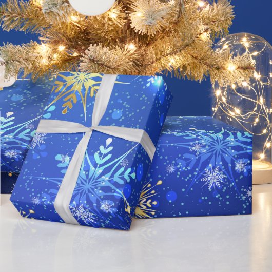 Snowflakes Gold Blue Xmas kerstcadeaus Cadeaupapier (Feestdagen)