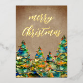 Snowflakes Gold voor Waterverf met kerstbomen Folie Feestdagenkaart (Voorkant)