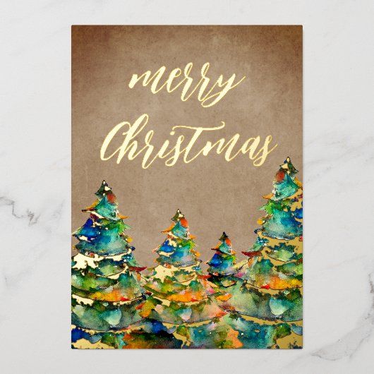 Snowflakes Gold voor Waterverf met kerstbomen Folie Feestdagenkaart (Voorkant)