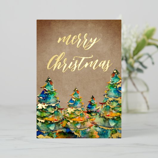 Snowflakes Gold voor Waterverf met kerstbomen Folie Feestdagenkaart (Staand Voorkant)