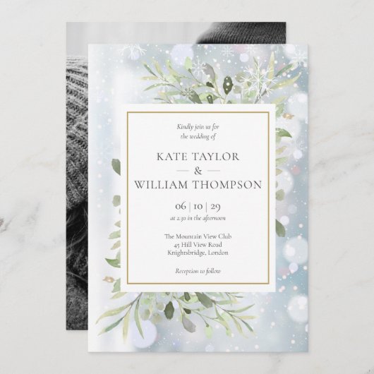 Snowflakes Greenery laat foto Winter Weddenschap Kaart (Voorkant / Achterkant)