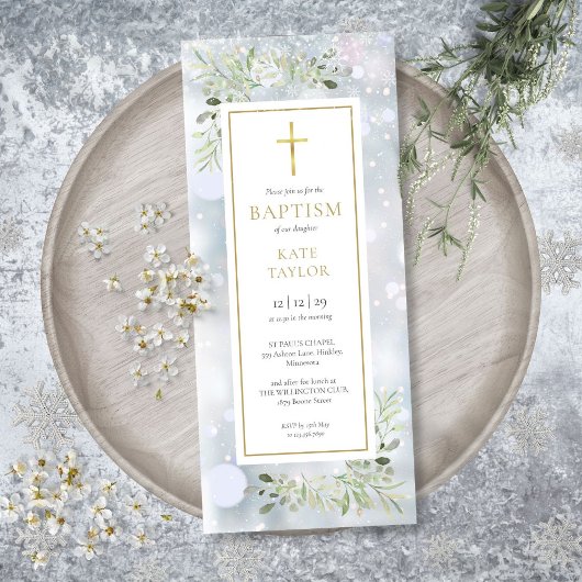 Snowflakes Greenery Winter Baptism Christening Inv Kaart